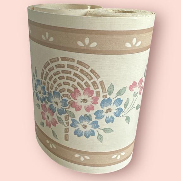 Vintage Wallpaper Border Vinyl Paper Pink Blue Flowers 5 Yds Neutral Cottage - Picture 2 of 3
